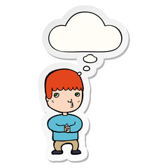 cartoon man thinking and thought bubble as a printed sticker