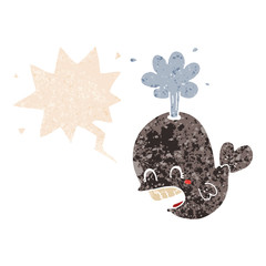 cartoon spouting whale and speech bubble in retro textured style