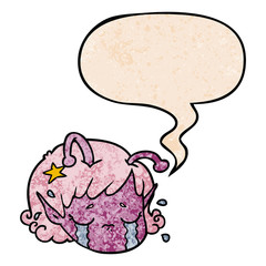 cartoon alien space girl face crying and speech bubble in retro texture style