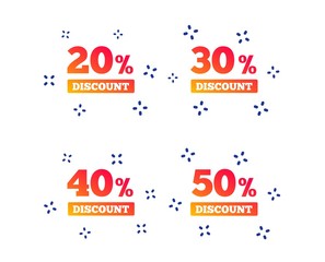 Sale discount icons. Special offer price signs. 20, 30, 40 and 50 percent off reduction symbols. Random dynamic shapes. Gradient discount icon. Vector