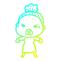 cold gradient line drawing cartoon angry old woman