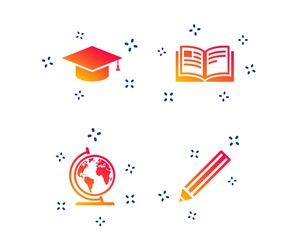 Pencil and open book icons. Graduation cap and geography globe symbols. Education learn signs. Random dynamic shapes. Gradient graduation icon. Vector