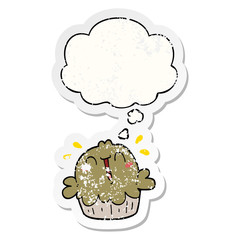 cute cartoon pie and thought bubble as a distressed worn sticker