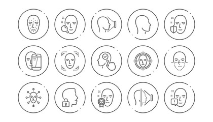 Face recognize line icons. Biometrics detection, Face id and scanning. Identification linear icon set. Line buttons with icon. Editable stroke. Vector