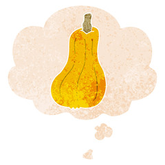 cartoon squash and thought bubble in retro textured style
