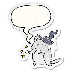 magical amazing cartoon cat wizard and speech bubble distressed sticker