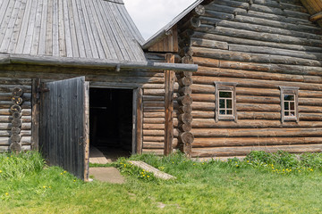 Old church on the outskirts of the Russian village in sunny summer day. Ready photo background.
