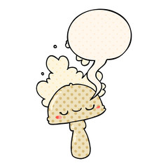 cartoon mushroom and spoor cloud and speech bubble in comic book style