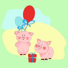 funny piglets from a cartoon on a gentle background with balls and gifts
