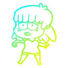 cold gradient line drawing cartoon tired woman