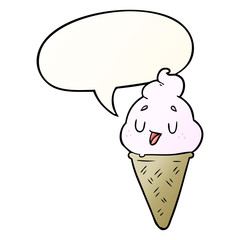 cute cartoon ice cream and speech bubble in smooth gradient style