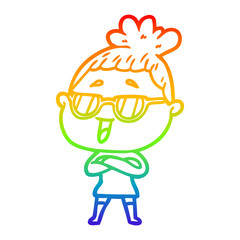 rainbow gradient line drawing cartoon happy woman wearing spectacles