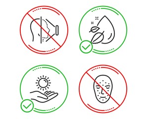 Fototapeta premium Do or Stop. Water drop, Sun protection and Face id icons simple set. Face biometrics sign. Serum oil, Ultraviolet care, Phone scanning. Facial recognition. Medical set. Line water drop do icon