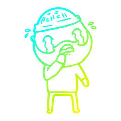 cold gradient line drawing cartoon bearded man crying