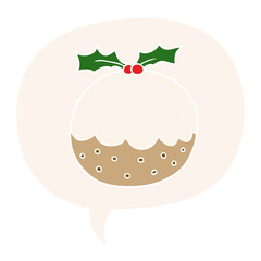 cartoon christmas pudding and speech bubble in retro style
