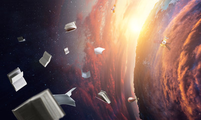 Planet orbit with satellite and flying books.