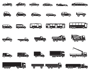 Detailed icons of cars, buses and trucks of various types. Vector illustration