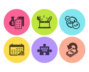 Calendar graph, Quick tips and Statistics icons simple set. Accounting wealth, Creativity concept and Cashback signs. Annual report, Tutorials. Education set. Flat calendar graph icon. Circle button