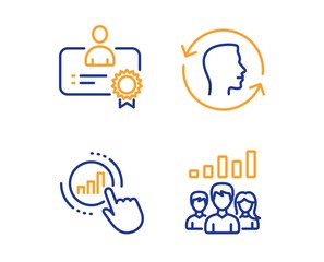 Certificate, Face id and Graph chart icons simple set. Teamwork results sign. Best employee, Identification system, Get report. Group work. People set. Linear certificate icon. Colorful design set