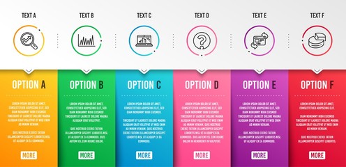 Line graph, Refresh website and Analytics icons simple set. Question mark, Graph laptop and Pie chart signs. Market diagram, Update internet. Science set. Infographic template. 6 steps timeline