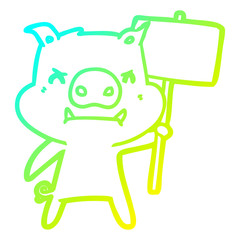 cold gradient line drawing angry cartoon pig protesting