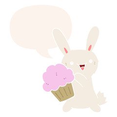 cute cartoon rabbit and muffin and speech bubble in retro style