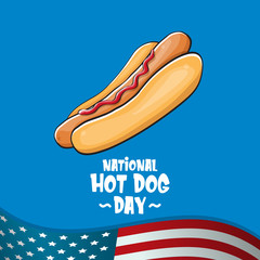 National hot dog day poster with funny cartoon hot dog. Hot dog day label or print for tee isolated on usa flag background.