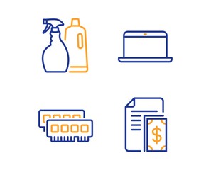 Ram, Shampoo and spray and Laptop icons simple set. Payment sign. Random-access memory, Washing liquids, Mobile computer. Cash money. Linear ram icon. Colorful design set. Vector