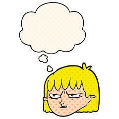 cartoon angry woman and thought bubble in comic book style