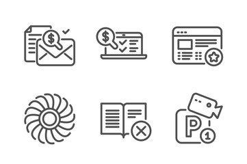 Favorite, Accounting report and Fan engine icons simple set. Online accounting, Reject book and Parking security signs. Star feedback, Check finance. Technology set. Line favorite icon. Vector