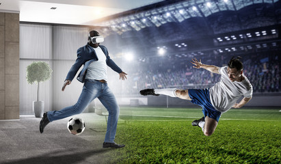 Obraz na płótnie Canvas Virtual Reality headset on a black male playing soccer. Mixed Media
