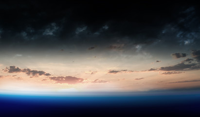 Sunrise on planet orbit, space beauty