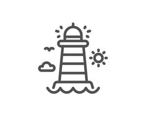 Fototapeta na wymiar Lighthouse line icon. Beacon tower sign. Searchlight building symbol. Quality design element. Linear style lighthouse icon. Editable stroke. Vector
