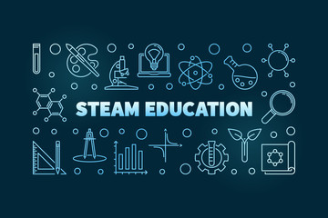 STEAM Education vector concept blue linear Science, Technology, Engineering, the Arts and Mathematics horizontal illustration on dark background