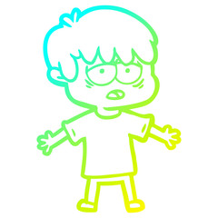 cold gradient line drawing cartoon exhausted boy