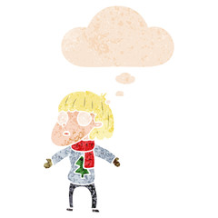 cartoon surprised christmas person and thought bubble in retro textured style