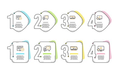 Bus tour, Approved documentation and Heart icons simple set. Seo adblock sign. Transport, Instruction book, Star rating. Search engine. Infographic timeline. Line bus tour icon. 4 options or steps