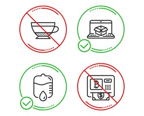 Do or Stop. Online delivery, Drop counter and Dry cappuccino icons simple set. Bitcoin atm sign. Parcel tracking website, Medical equipment, Beverage mug. Cryptocurrency change. Vector