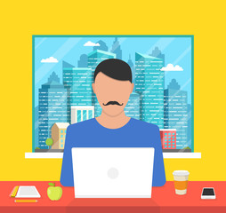 Man sitting in the room and working on a laptop. Town and skyscraper in the window. Vector illustration.