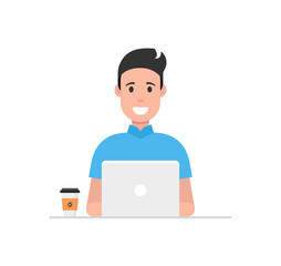 Man at his desk is working on the laptop computer and drinking coffee. Freelance job concept. Vector illustration.