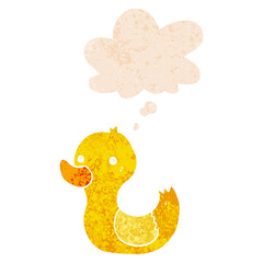 cartoon duck and thought bubble in retro textured style