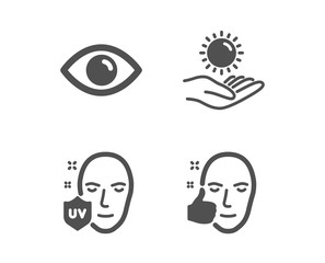 Set of Eye, Uv protection and Sun protection icons. Healthy face sign. View or vision, Ultraviolet, Ultraviolet care. Healthy cosmetics.  Classic design eye icon. Flat design. Vector