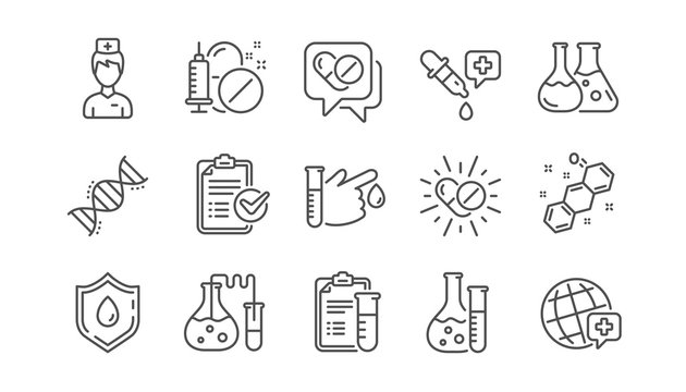 Medical healthcare, doctor line icons. Drug testing, scientific discovery and disease prevention icons. Chemical formula, chemistry testing lab. Linear set. Vector