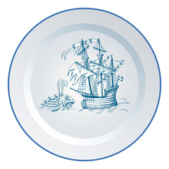 Old caravel. Ship on the Blue Dutch tile. Imitation. Sea monster and ghost ship. Flying Dutchman. Sea battle. Shipwreck. Glazed porcelain ceramic.