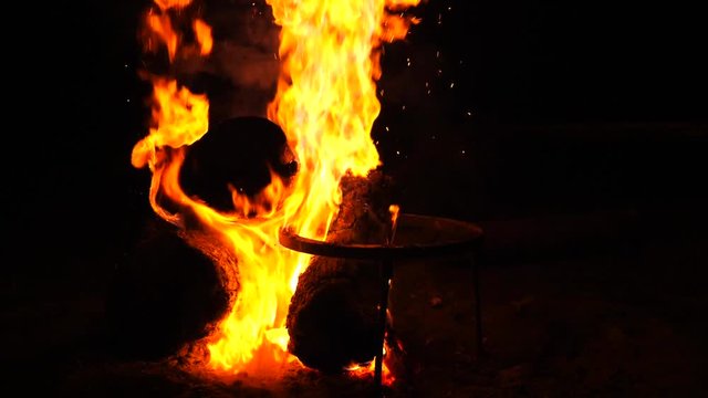 Camp Fire In The Night. Slow Motion.