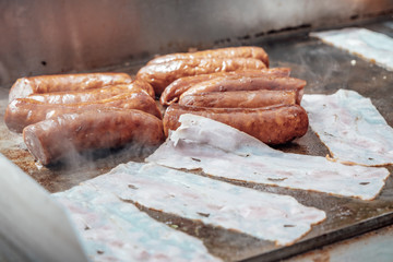 Catering for birthday party, wedding, event. Grilling meat, corn, burger, sausage, sunflower, vegetables. Fruit Dishes, Dessert, Salads, Pasta, Sweets