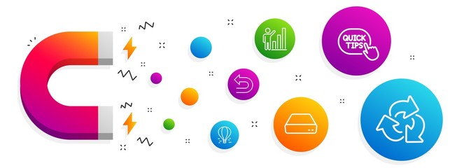 Magnet attracting. Graph chart, Undo and Air balloon icons simple set. Mini pc, Quick tips and Recycle signs. Growth report, Left turn. Technology set. Line graph chart icon. Editable stroke. Vector