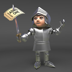 Happy medieval knight has got his ticket to the show tonight, 3d illustration