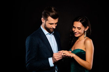 Portrait of his he her she nice-looking gorgeous perfect attractive luxury cheerful two person soul mate get receive expensive propose best event dream from rich guy isolated over black background