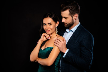 Portrait of his he her she nice-looking fascinating magnificent shine attractive lovely lovable luxurious gentle cheerful two person soul mate caressing event amusement isolated over black background